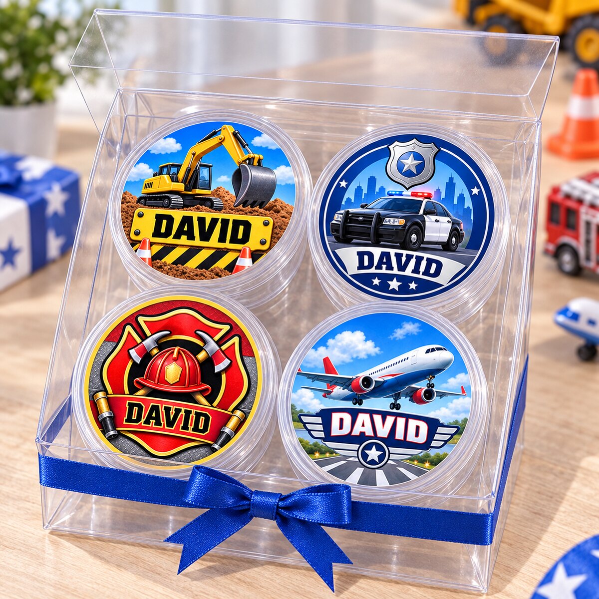 Clear gift box containing four personalized sticker pods